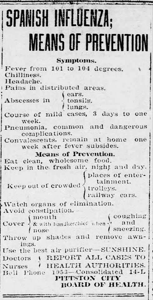 Spanish Flu Newspaper Article October 12 1918 Edition of The Pittston Gazette 